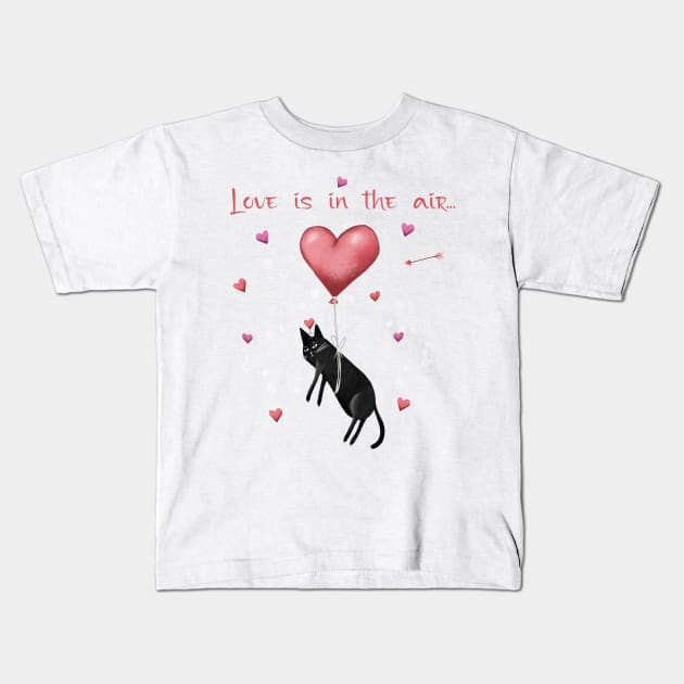 Happy valentines black cat. Cute cat and red hearts. Kids T-Shirt by Olena Tyshchenko
